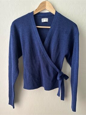 Frank And Oak Blue Merino Wool Ribbed Wrap Sweater Top Size Small